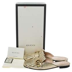 Pre Owned Gucci Metallic Gold Crackle Leather GG Marmont Kiltie Flat Mules Size 37