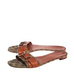 مملوكة مسبقًا Gucci Beige/Brown GG Canvas And Leather Horsebit Slide Sandals Size 39.5