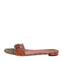 مملوكة مسبقًا Gucci Beige/Brown GG Canvas And Leather Horsebit Slide Sandals Size 39.5