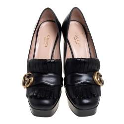 Pre Owned Gucci Black Leather Fringe Marmont GG Pumps Size 35.5