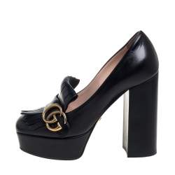 Pre Owned Gucci Black Leather Fringe Marmont GG Pumps Size 35.5