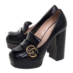Pre Owned Gucci Black Leather Fringe Marmont GG Pumps Size 35.5