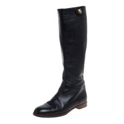 Pre Owned Gucci Black Leather Riding Mid Calf  Boots Size 35.5
