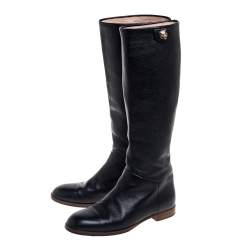 Pre Owned Gucci Black Leather Riding Mid Calf  Boots Size 35.5