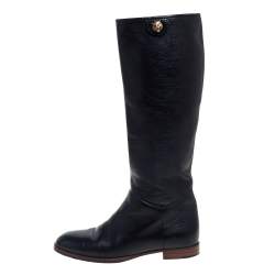 Pre Owned Gucci Black Leather Riding Mid Calf  Boots Size 35.5