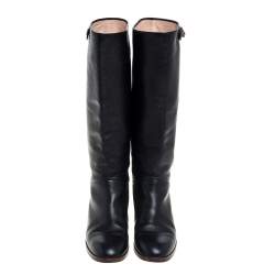 Pre Owned Gucci Black Leather Riding Mid Calf  Boots Size 35.5
