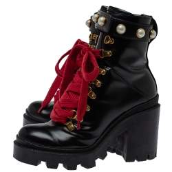 Pre Owned Gucci Black Leather Faux Pearl Embellished Ankle Boots Size 35.5