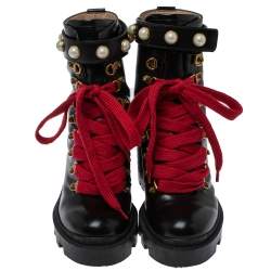 Pre Owned Gucci Black Leather Faux Pearl Embellished Ankle Boots Size 35.5