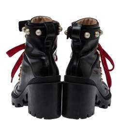 Pre Owned Gucci Black Leather Faux Pearl Embellished Ankle Boots Size 35.5