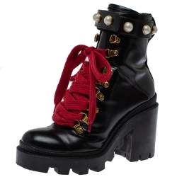 Pre Owned Gucci Black Leather Faux Pearl Embellished Ankle Boots Size 35.5