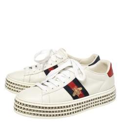 Pre Owned Gucci White Leather Ace Crystal Embellished Platform Sneakers Size 38