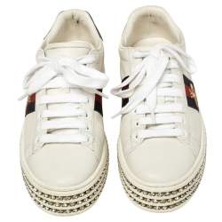 Pre Owned Gucci White Leather Ace Crystal Embellished Platform Sneakers Size 38