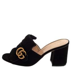 Pre Owned Gucci Black Suede GG Marmont Fringe Slide Sandals Size 37.5