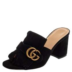 Pre Owned Gucci Black Suede GG Marmont Fringe Slide Sandals Size 37.5