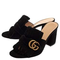 Pre Owned Gucci Black Suede GG Marmont Fringe Slide Sandals Size 37.5