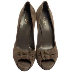Pre Owned Gucci Dark Grey Suede Bow Peep Toe Pumps Size 39