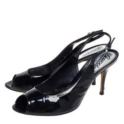 Pre Owned صندل غوتشي جلد أسود لامع مفتوح مقاس 39