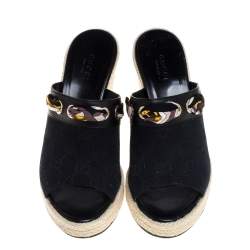 Pre Owned Gucci Black GG Canvas And Leather Wedge Espadrille Sandals Size 35