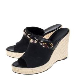 Pre Owned Gucci Black GG Canvas And Leather Wedge Espadrille Sandals Size 35