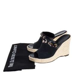 Pre Owned Gucci Black GG Canvas And Leather Wedge Espadrille Sandals Size 35