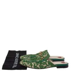 Gucci Green Lace Princetown Horsebit Mule Sandals Size 36.5