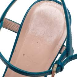 مملوكة مسبقًا صندل غوتشي مزين هورسبيت سير كاحل مقدمة مفتوحة كعب سميك جلد أزرق مقاس 38