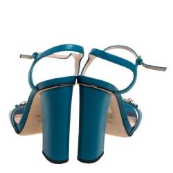 مملوكة مسبقًا صندل غوتشي مزين هورسبيت سير كاحل مقدمة مفتوحة كعب سميك جلد أزرق مقاس 38