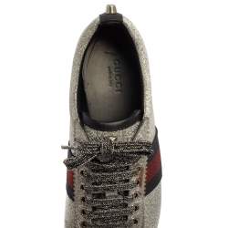 Pre Owned Gucci Metallic Silver Glitter Bambi Web Detail Studded Low Top Sneakers Size 37