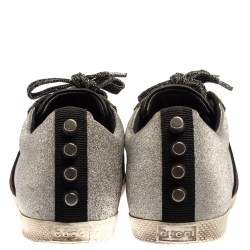 Pre Owned Gucci Metallic Silver Glitter Bambi Web Detail Studded Low Top Sneakers Size 37