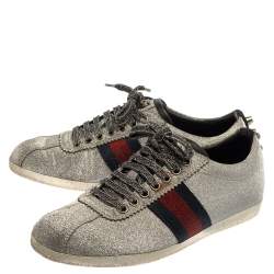 Pre Owned Gucci Metallic Silver Glitter Bambi Web Detail Studded Low Top Sneakers Size 37