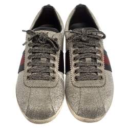Pre Owned Gucci Metallic Silver Glitter Bambi Web Detail Studded Low Top Sneakers Size 37