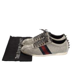 Pre Owned Gucci Metallic Silver Glitter Bambi Web Detail Studded Low Top Sneakers Size 37