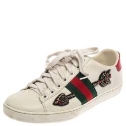 Pre Owned حذاء رياضي غوتشي أيس جلد أبيض حلية سهم مطرزة عنق منخفض مقاس 36