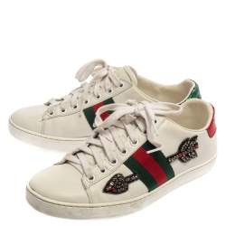 Pre Owned حذاء رياضي غوتشي أيس جلد أبيض حلية سهم مطرزة عنق منخفض مقاس 36