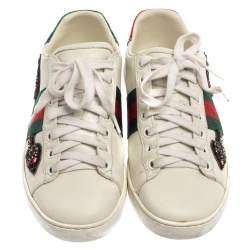 Pre Owned حذاء رياضي غوتشي أيس جلد أبيض حلية سهم مطرزة عنق منخفض مقاس 36