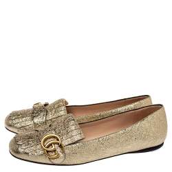 Pre Owned Gucci Metallic Gold Foil Leather GG Marmont Fringe Detail Flats Size 38.5