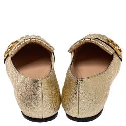 Pre Owned Gucci Metallic Gold Foil Leather GG Marmont Fringe Detail Flats Size 38.5