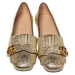 Pre Owned Gucci Metallic Gold Foil Leather GG Marmont Fringe Detail Flats Size 38.5
