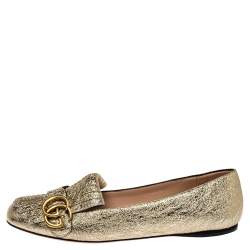 Pre Owned Gucci Metallic Gold Foil Leather GG Marmont Fringe Detail Flats Size 38.5