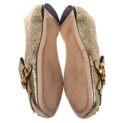 Pre Owned Gucci Metallic Gold Foil Leather GG Marmont Fringe Detail Flats Size 38.5