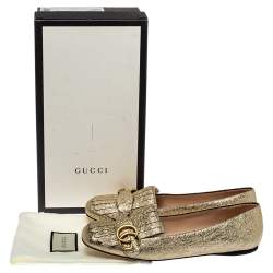 Pre Owned Gucci Metallic Gold Foil Leather GG Marmont Fringe Detail Flats Size 38.5
