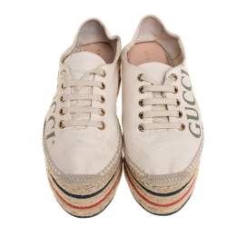 Pre Owned Gucci Cream Canvas Logo Platform Espadrilles Size 36.5