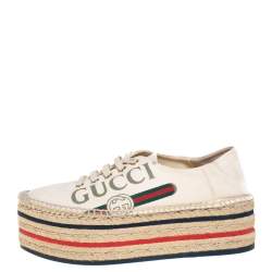 Pre Owned Gucci Cream Canvas Logo Platform Espadrilles Size 36.5
