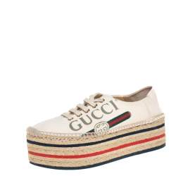 Pre Owned Gucci Cream Canvas Logo Platform Espadrilles Size 36.5