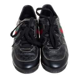 مملوكة مسبقًا حذاء رياضي غوتشي جلد غوتشيسيما أسود نمط ويب عنق منخفض مقاس 38