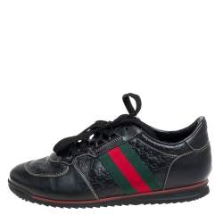 Gucci Black Guccissima Leather Web Detail Low Top Sneakers Size 38