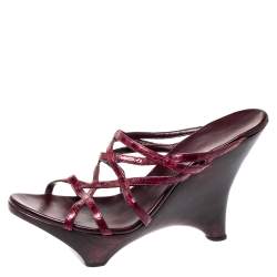 Pre Owned Gucci Burgundy Leather Wood Wedge Sandals Size 39