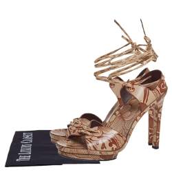 Gucci Brown/Beige Floral Printed Leather Ankle Wrap Sandals Size 37