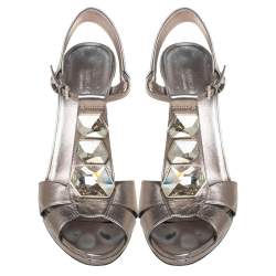 Gucci Metallic Grey Leather Crystal Embellished T Strap Sandals Size 39