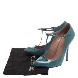 Pre Owned حذاء كعب عالى غوتشى سير حرف تى جلد لامع أزرق مقاس 37